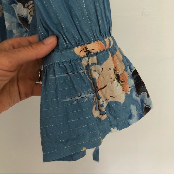 LOFT Women’s Blue Floral Cotton Blend Long Fluted Sleeve Blouse  Size S - Picture 6 of 10